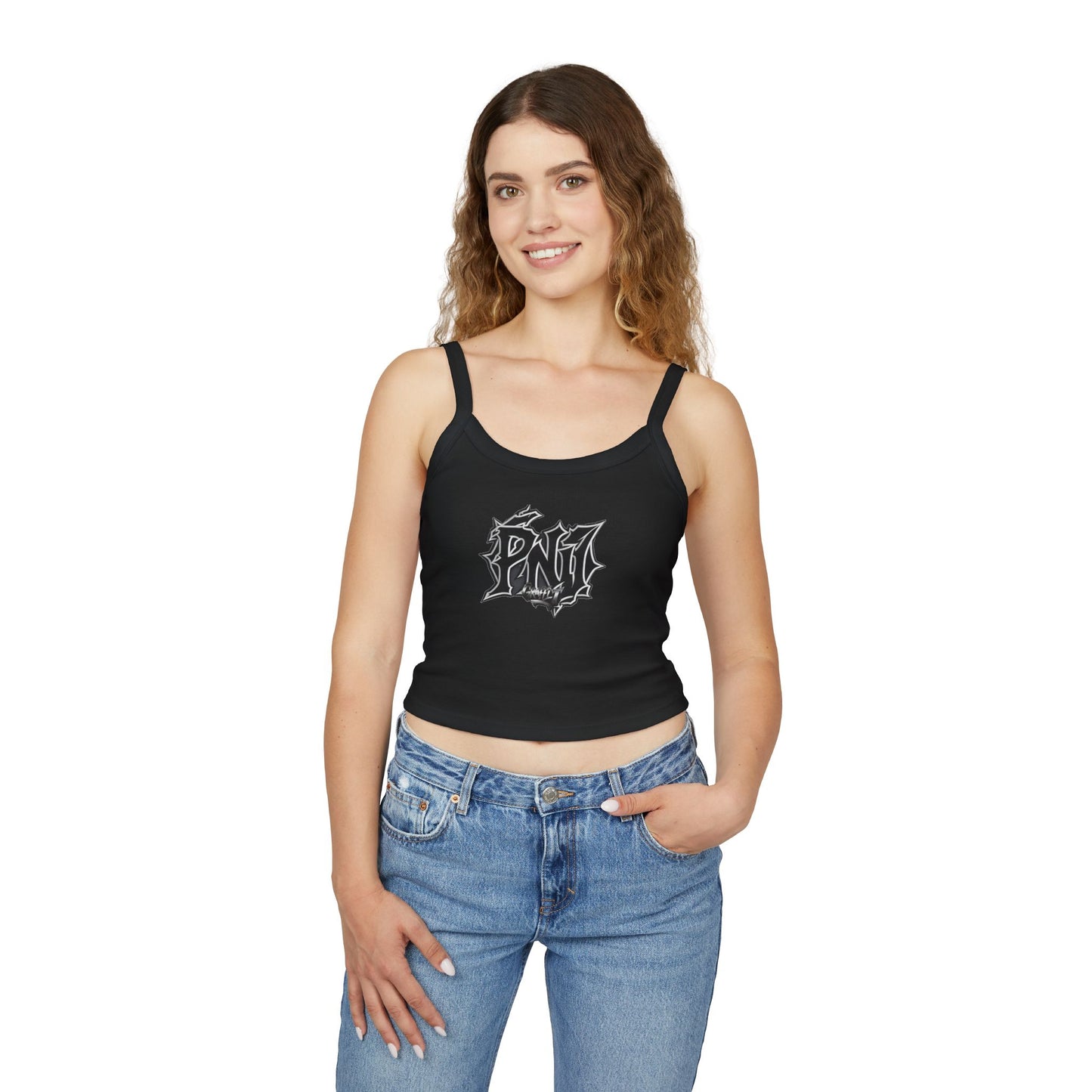 Edgy Graphic Black Spaghetti Strap Tank Top for Women | Perfect for Music Festivals & Casual Wear