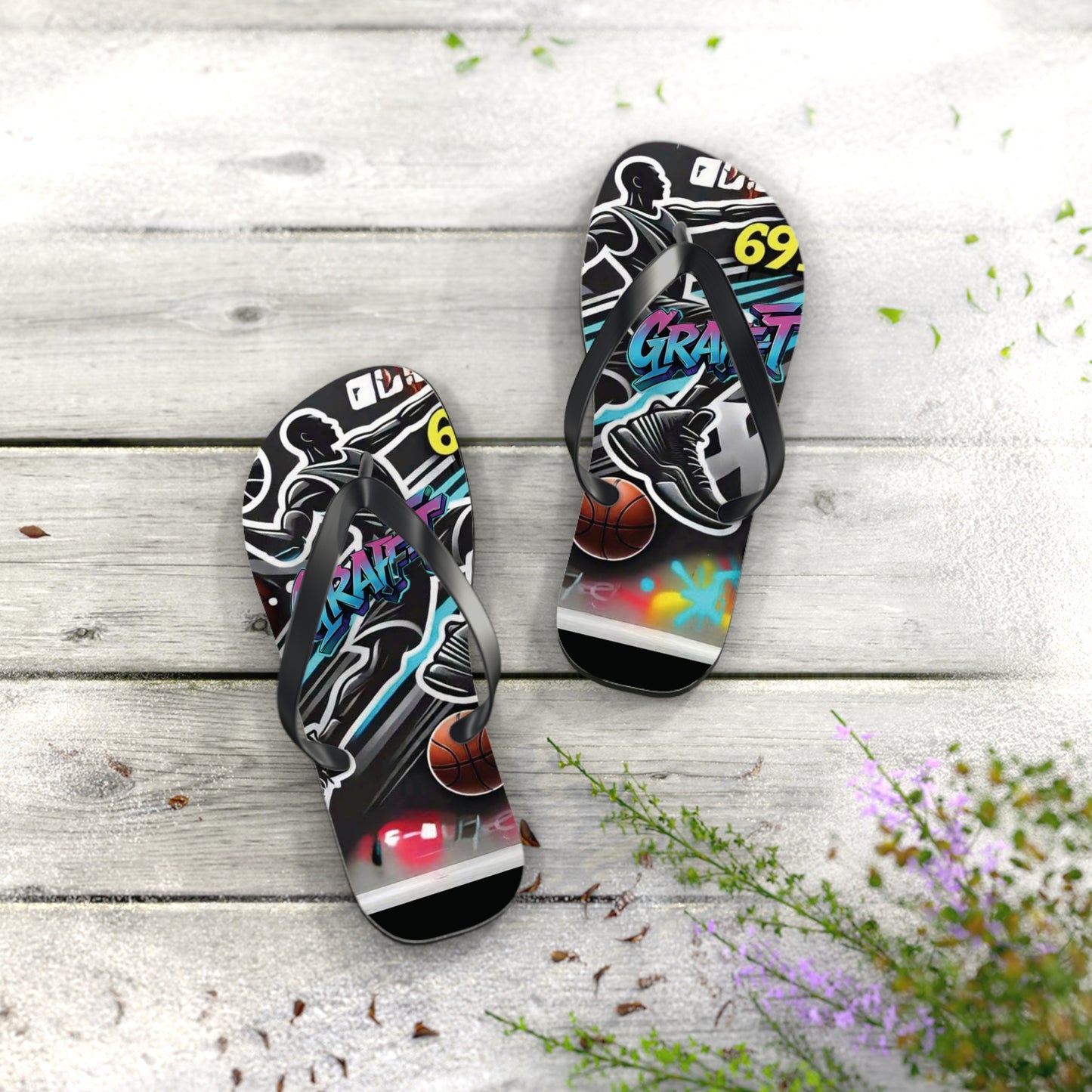 Urban Graffiti Basketball Flip Flops - Stylish Summer Footwear for Sports Lovers