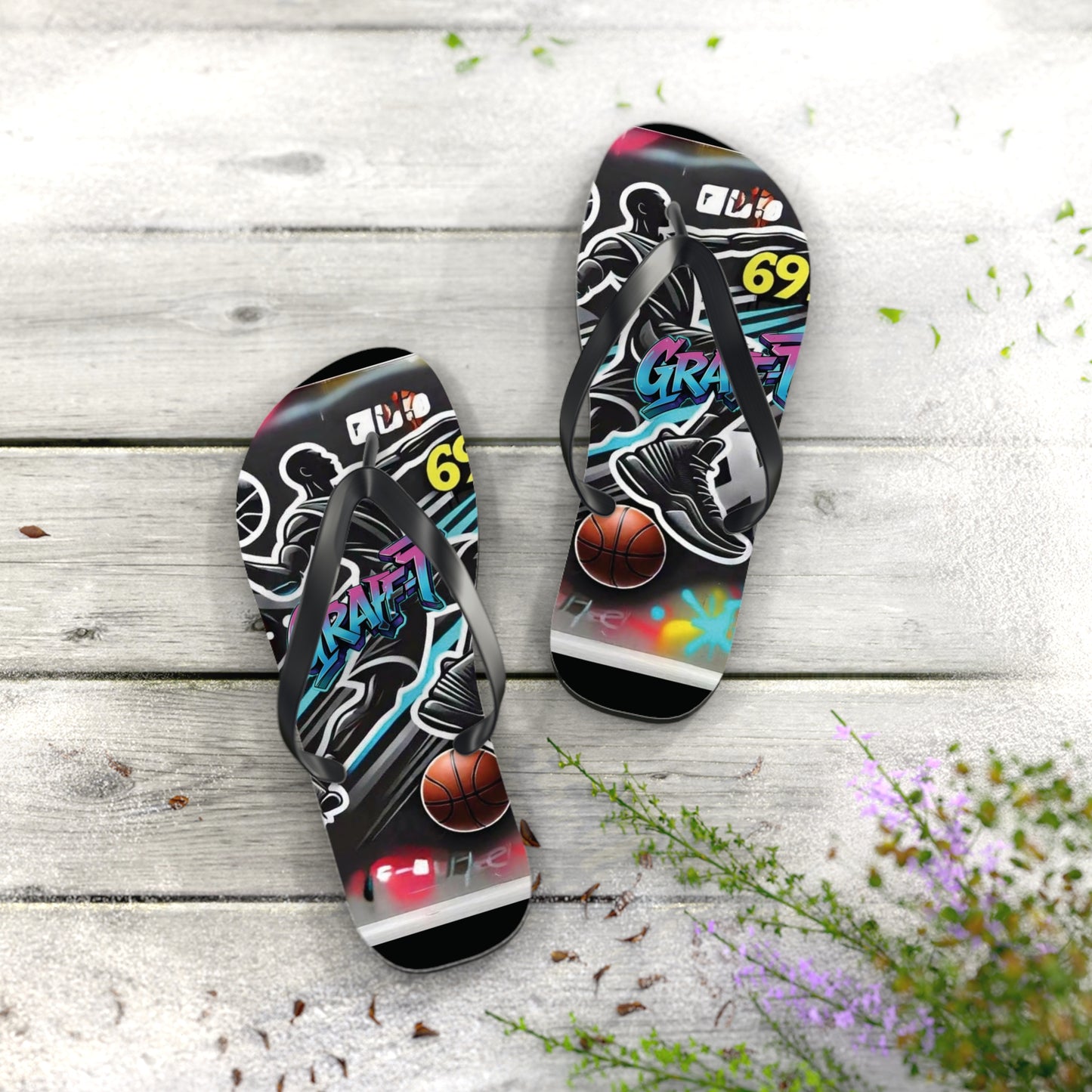 Urban Graffiti Basketball Flip Flops - Stylish Summer Footwear for Sports Lovers