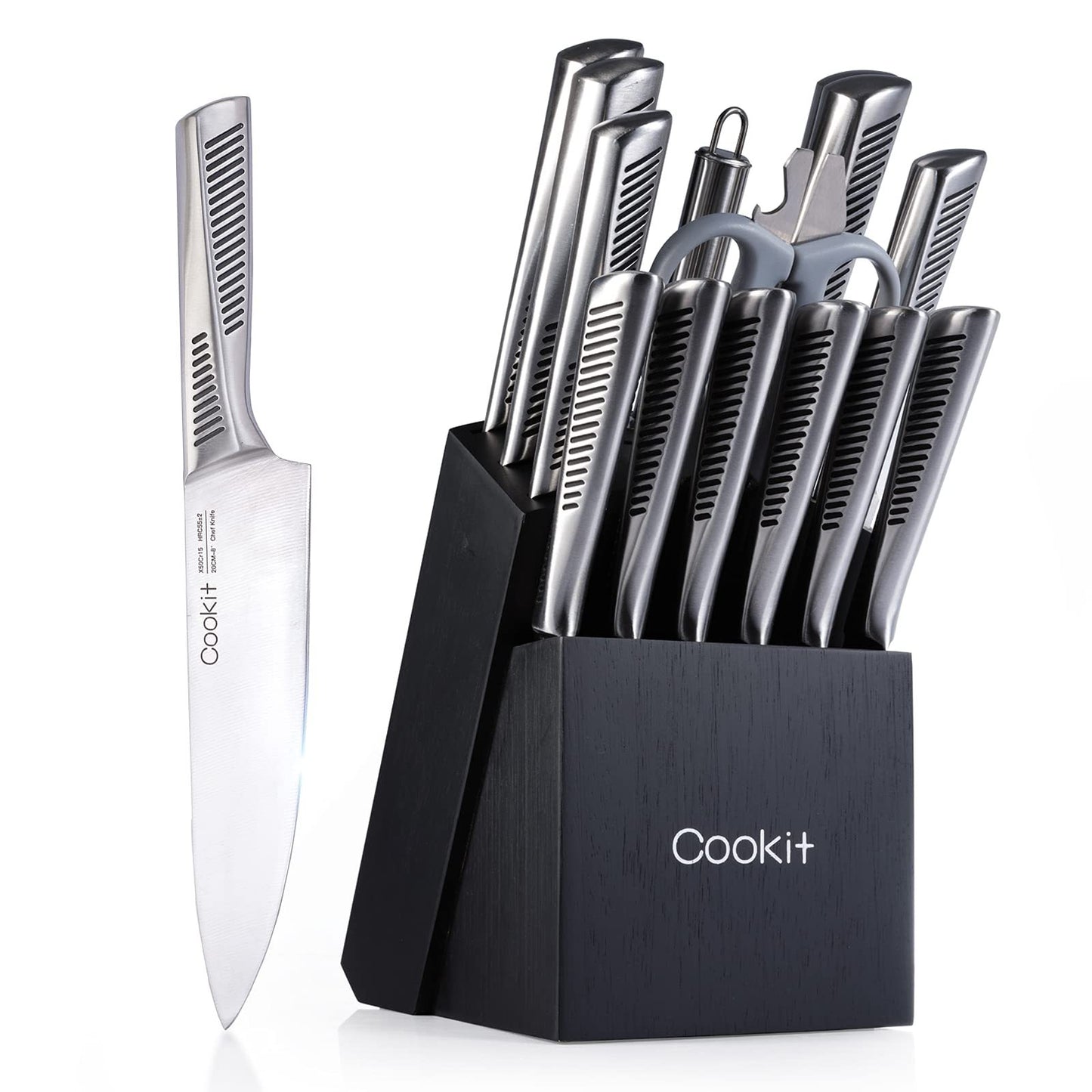 Kitchen Knife Set, 15 Piece Knife Sets with Block, Chef Knives with Non-Slip German Stainless Steel Hollow Handle Cutlery Set with Multifunctional Scissors Knife Sharpener  Amazon Platform Banned